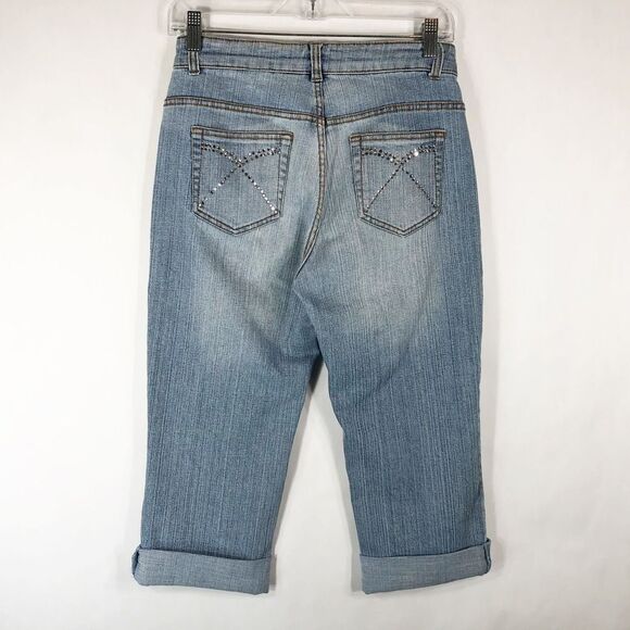 Cache Size‎ 4 Capri Jeans Cropped Light Blue Rhinestones Cuffed Pockets 1075 - Picture 2 of 8